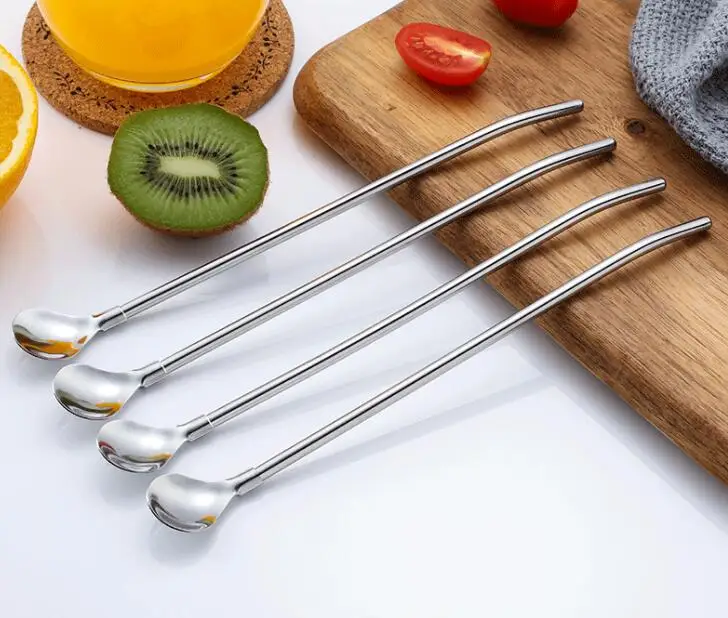 50 Pcs/lot Creative Drinking Straws Spoon Stainless Steel Drinking Straw Cocktail Stirring Spoon Bar Milk Powder Mixing