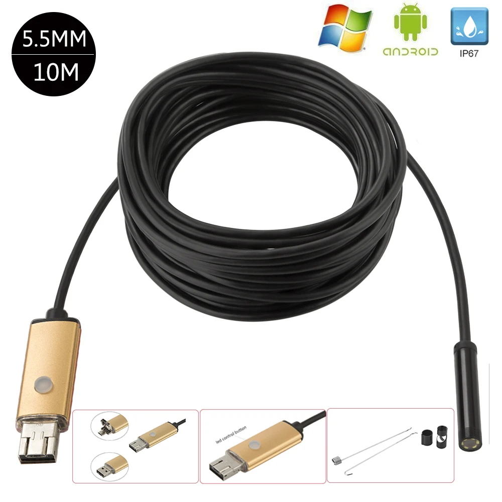 Endoscopio 2 en 1 de 5 m, cable de 5,5mm, 6 lentes LED, IP67, impermeable, de mano, para Android, teléfono móvil, PC y tableta