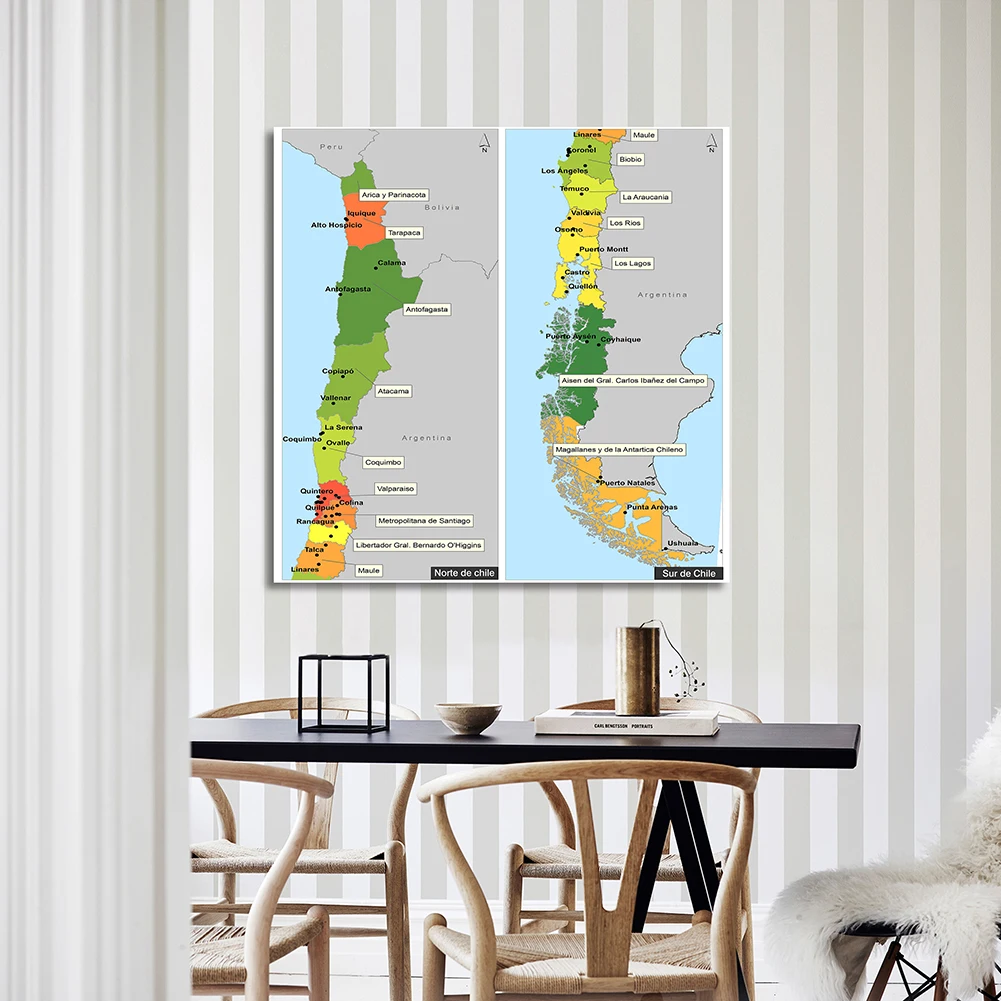 Mapa político do chilena em espanhol, pôster de lona não tecido, 150*150cm, decoração para sala de aula, material escolar