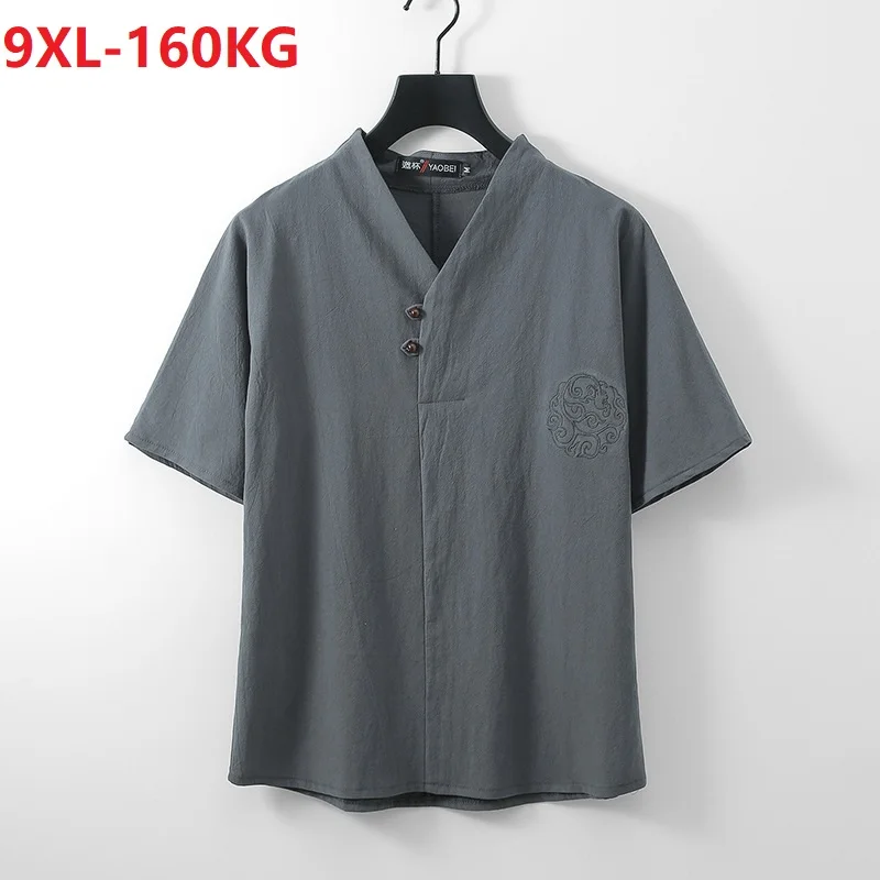 

summer Men T-shirt short sleeve homewear linen cotton vintage Chinese style large size 7XL 8XL 9XL v-neck tees button tops black