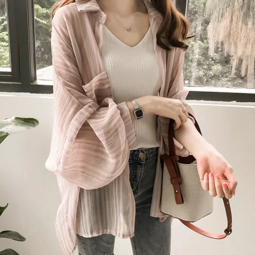 

TAY'S 90%OFF 2 Pieces 2019 Summer New Korea Mid-Long Lantern Sleeve Joker Chiffon Shirt Women's Loose Sun Shirt Student Jacket