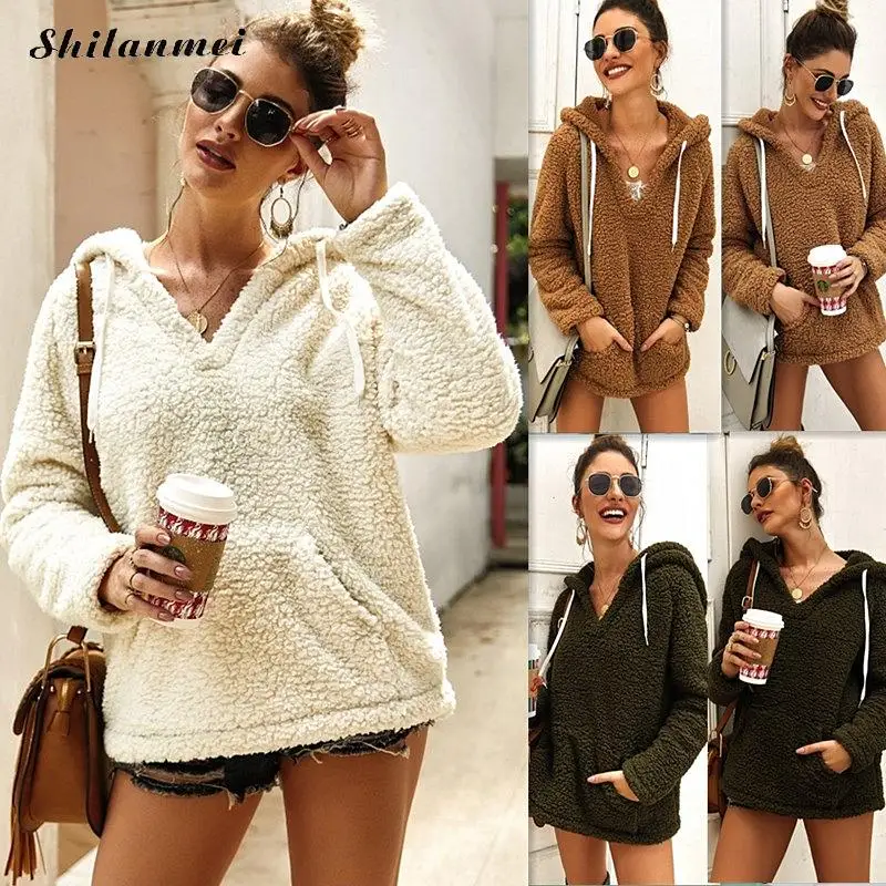 Women Fleece Hoodies Autumn Plush Casual Hooded Pullovers V Neck Female Sweatshirt Winter Warm Pocket Teddy Pullover Mujer