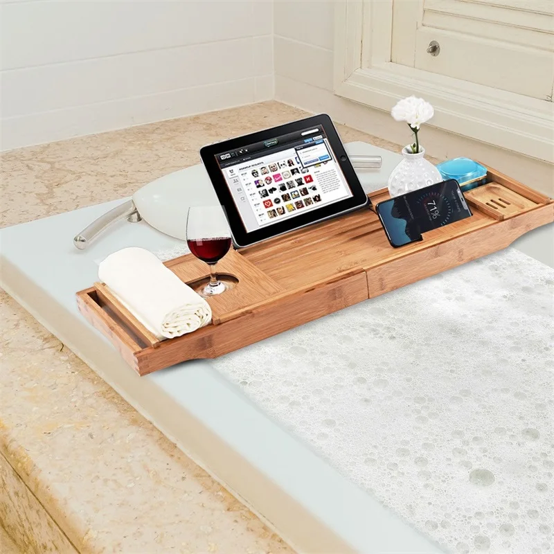 

High Quality Natural Bamboo Premium Luxury Bathtub Extendable Waterproof Sides Caddy Tray with Soap Dish Multipurpose Bath Tray