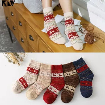 

KLV 5 Pairs Women Winter Thicken Faux Wool Knitted Cozy Crew Socks Candy Color Cartoon Animal Printed Mid Calf Warm Hosiery