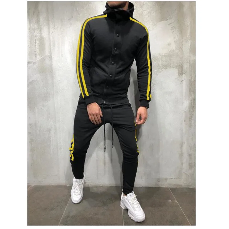 The Fashion LeisureButtonTracksuit Men Set Sport 2 Pieces Sweatsuit Mens Clothes Printed Hooded Hoodies Jacket& Pants Track Sui