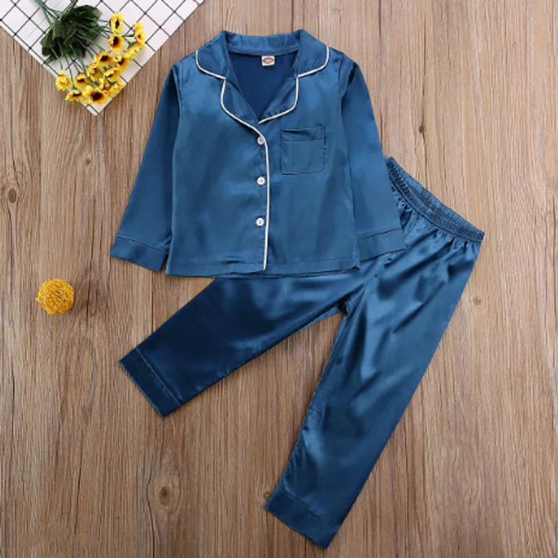 baby nightgown 2pcs Infant Baby Boy Girl Pajamas Silk Satin Top Pant Long sleeve Solid Button-Down Pyjamas Satin Set  Nightgown Child Sleepwear pajamas for kid girl