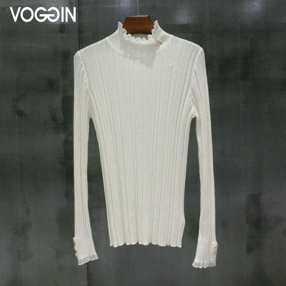 VOGGIN Women Sweaters Merino wool 80s style Ruffled collar Knitted Pullovers Diamond buttons Crewneck Base layer Tops 2020 | Женская