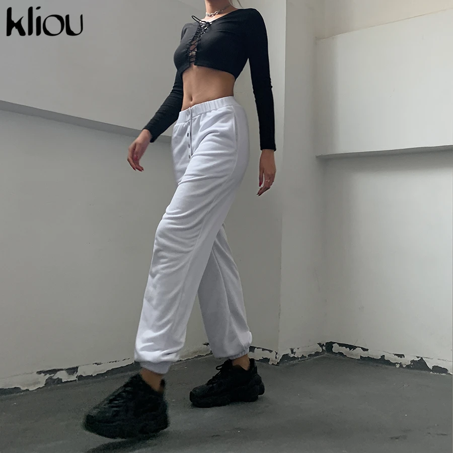 Kliou, модные, с высокой талией, черные/белые, хлопковые, для бега, женские,, для улицы, для спортзала, для бега, свободные, тренировочные штаны, спортивные штаны, женские