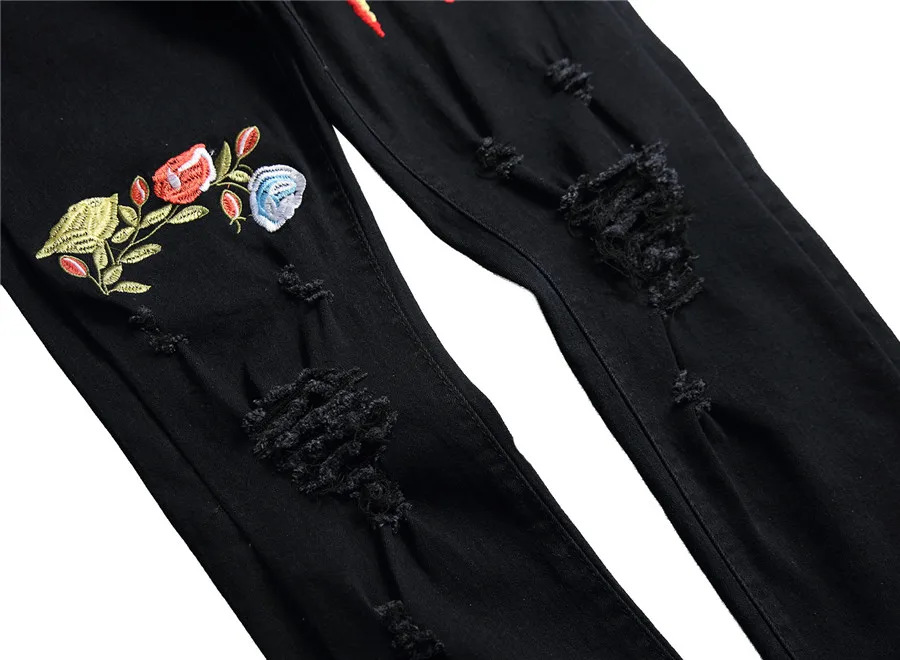Потертые мужские стрейч джинсы Уличная рваные мужские VoguePants тонкие маленькие ноги вышивка ковбойские брюки хороший поп Весна