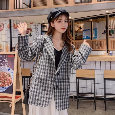 2020 Autumn Female Korean Retro Business Chic Suit Coat Plaid Office Lady Blazer Feminino Women Jacket Suit Grey Casual Clothes