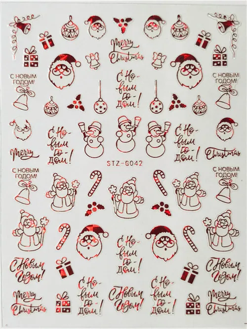 Большой красный Золотой 3D набор наклеек для ногтей Рождество Зима блеск Снеговик слайдер наклейки украшения клей передачи советы - Цвет: Red STZ-G042