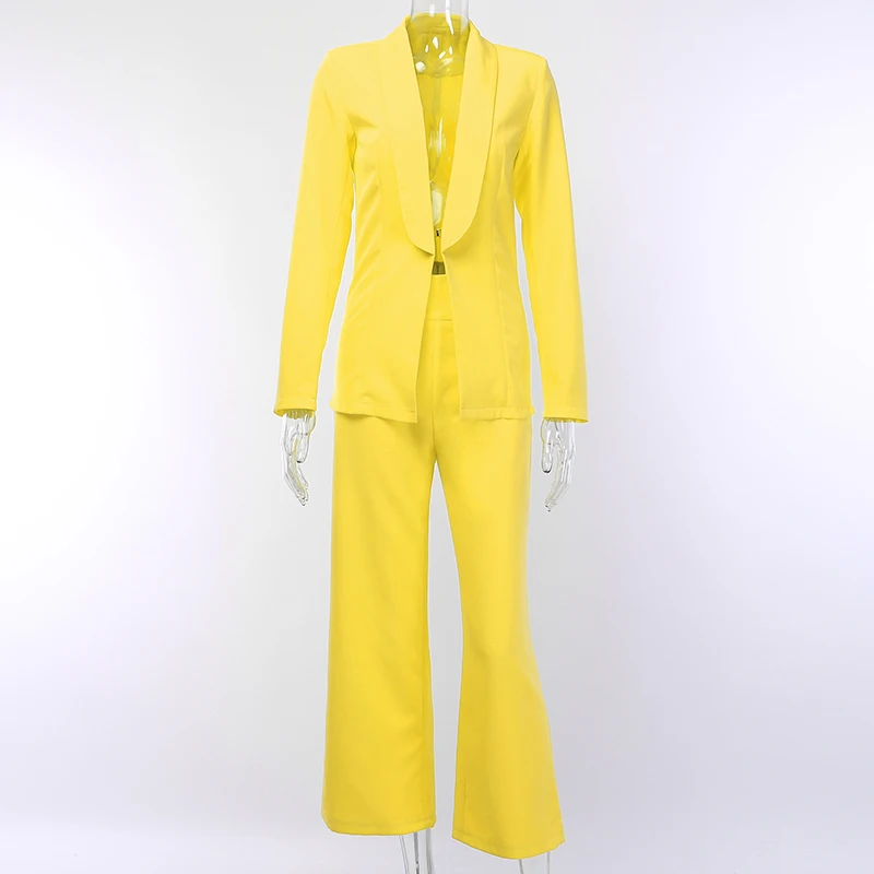 Желтый Повседневный Блейзер и брюки с высокой талией офисный костюм наборы леди одна кнопка куртка осень элегантный комплект из двух частей для женщин