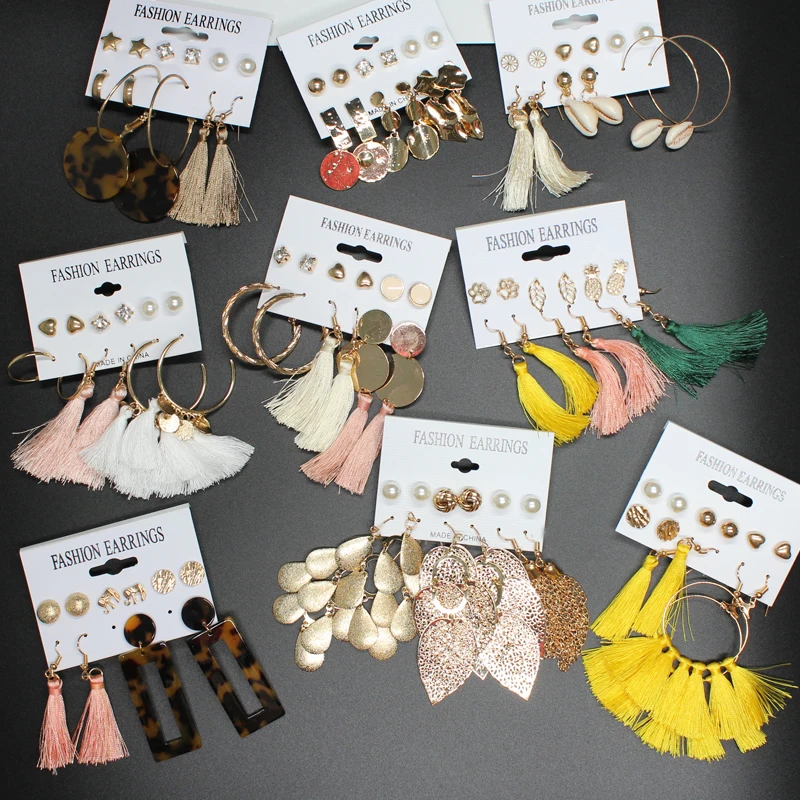 Серьга Boho длинной кисточкой Комплект сережек для женщин Подвески для девушки брелок геометрические серьги-капельки Для женщин, серьги-кольца, модные ювелирные украшения