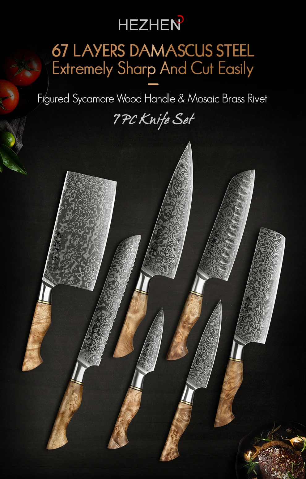 Set me thika kuzhine HEZHEN 1-7PC Profesionale nga çelik Damascus Chef Break Paring Santoku Sharp Nakiri Thika Kuzhine Gatimi