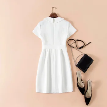 

Elegant Work 2020 Summer Office Lady Peter Pan Collar Tunic Buttons Deco Belted Short Sleeve Slim Fitted Pencil Dress OL