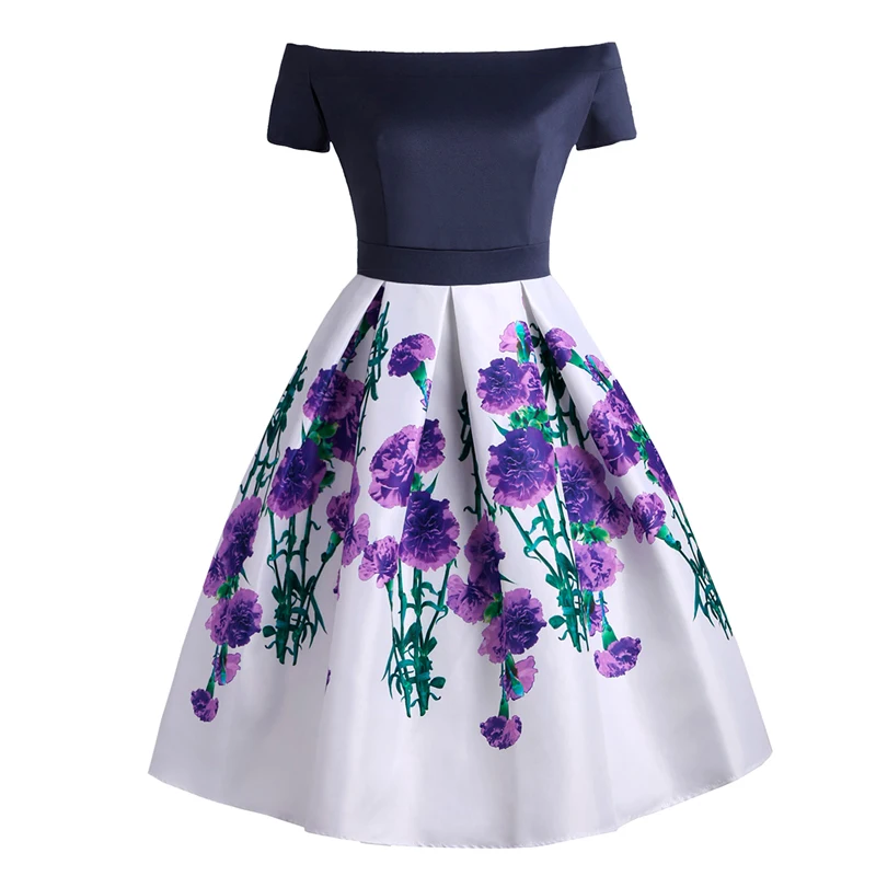 Purple Flower Print Off Shoulder Dress 