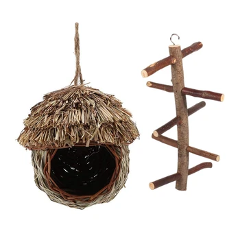 

2 Pcs Accessories: 1 Pcs Bird Perch Natural Wood Bark Rotating Ladder Parrot Cage Stand Toy & 1 Pcs Bird Nest Handmade Woven Str
