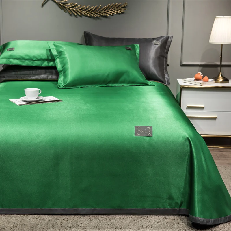 2021 Newest Products Pure Color Embroidered ice Silk Mat Bed Cover fitted sheet Pillowcases 3 pcs Luxury Bedding Green Color