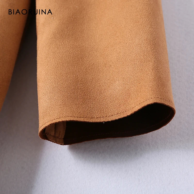 BIAORUINA, 3 цвета, Женская сплошная шикарная замша, открытая стежка, длинный Тренч, отложной воротник, Дамское элегантное прямое уличное пальто