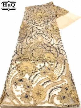 

H&Q yellow african 3d lace applique embroidery with beads 5 yards/piece french net laces sequins fabric for party dress,sewing