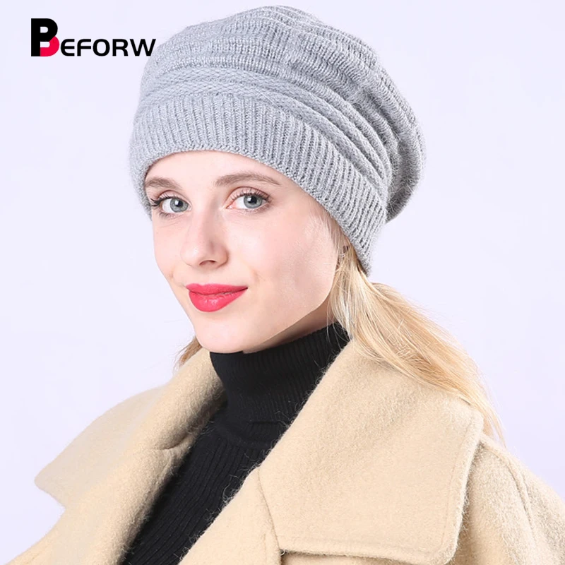 BEFORW New Knitted Warm Winter Wool Hats For Women Classic French Plus Velvet Beret Jacquard Casual Caps