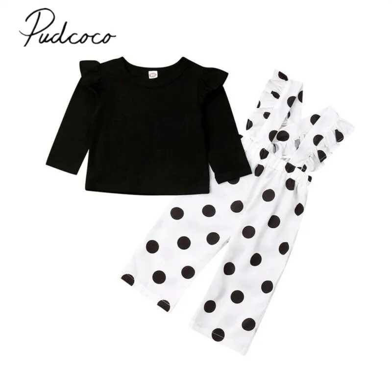 

2019 Baby Spring Autumn Clothing Toddler Kid Baby Girl Ruffle T-shirt Tops Dots Overall Pants 2PCS Fashion Outfit Clothes 1-5T