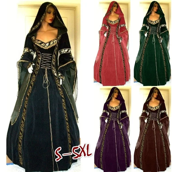 Women Medieval Dress Retro Floor Length Renaissance Gothic V-neck Halloween Hooded Long Sleeve Lace Up Print Slim Waist El |