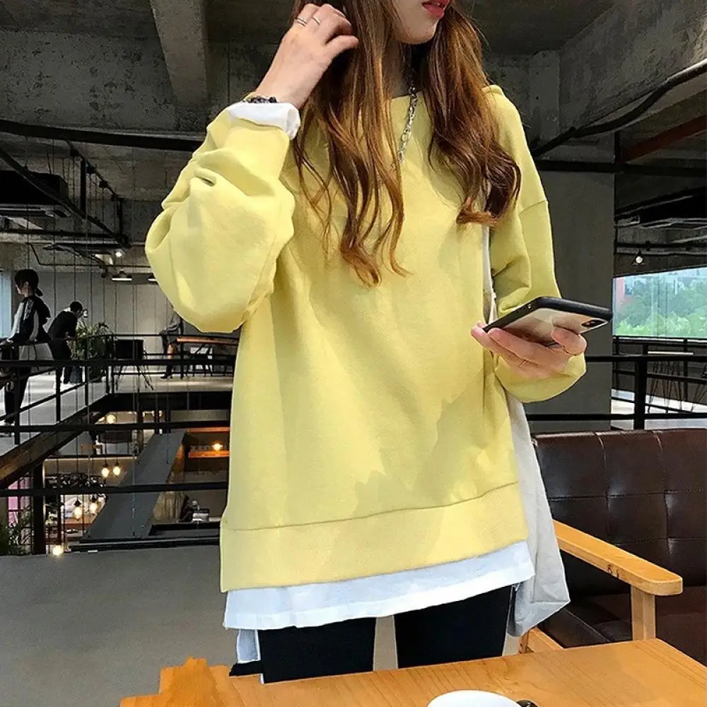 

Casual Loose Harajuku BF Tops T Shirts Fake Two Pieces Solid color Long Sleeve Casual T-shirt O-neck Women Fashion New Streetwea