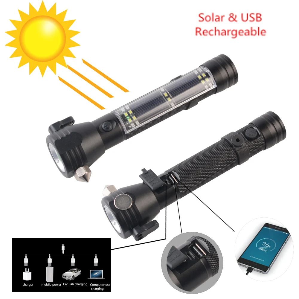 

Multi-function flashlight outdoor camping emergency life-saving hammer flashlight portable solar charging torch light with siren