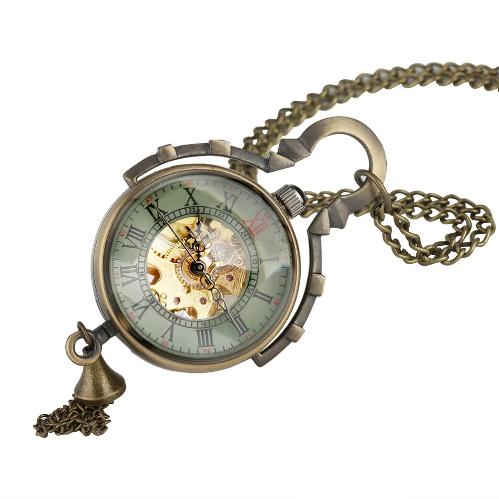 Vintage Clock Quartz Ball Glass Pocket Watch Steampunk Men Hollow out Hand winding Mechanical Pendant Necklace 2