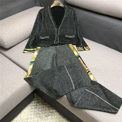 Черный Роскошный дизайнерский бренд Runway комплект из 2 частей для Для женщин V образным вырезом контрастного Цвет яркий Шелковый вязаный свитер Топ и широкий, брючный комплект с брюками - Цвет: Черный