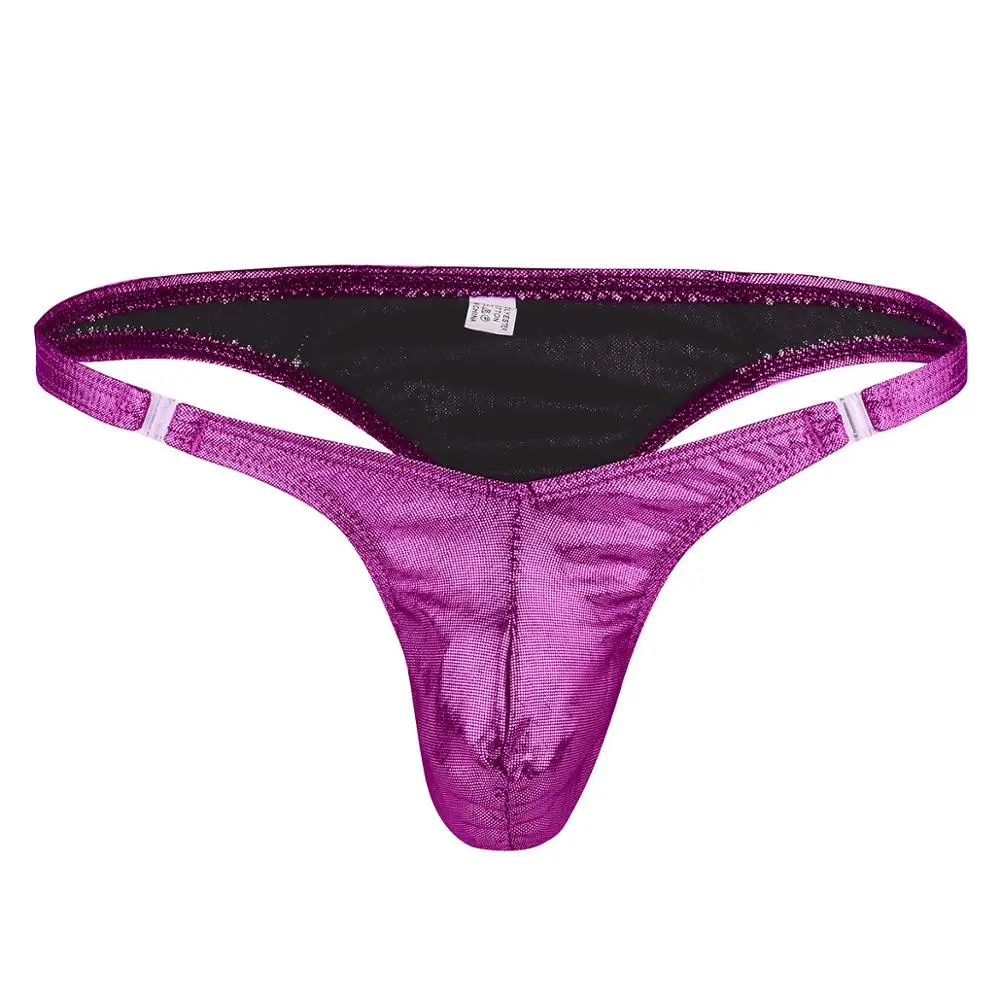 Purple Мужское нижнее белье, стринги, бикини, трусы, низкая посадка, с рюшами, блестящее, экзотическое, Гей Нижнее белье, мужские сексуальные стринги, трусики для секса - Цвет: Purple