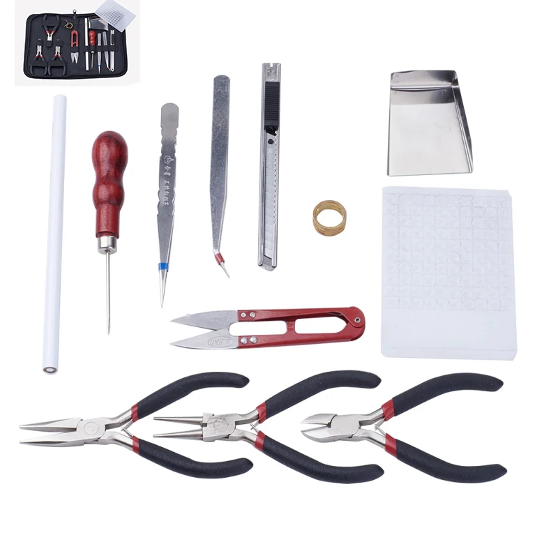 

10Pcs DIY Jewelry Tool Sets, with Wire-Cutter Plier, Round Nose Plier, Side Cutting Plier, Brass Rings, Crochet Hook Needles,
