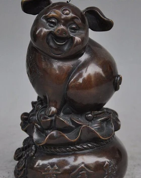 

bir 006439 6"chinese bronze wealth money coin ingot gold bag animal zodiac pig lucky statue