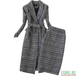 Conjunto de falda y abrigo de lana larga para mujer, traje de alta calidad para invierno, falda ajustada, dos piezas, 2021