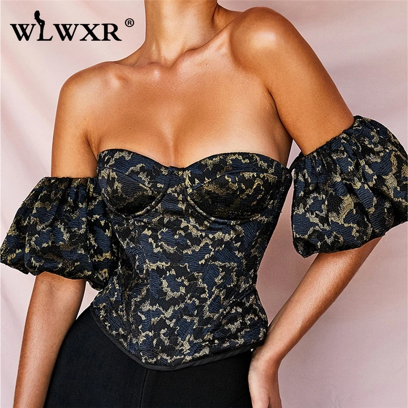 WLWXR без бретелек Bodycon сексуальный укороченный Топ для женщин на молнии с открытой спиной Slash шеи черная блузка рубашка женская с пышными рукавами Женская Клубная блуза