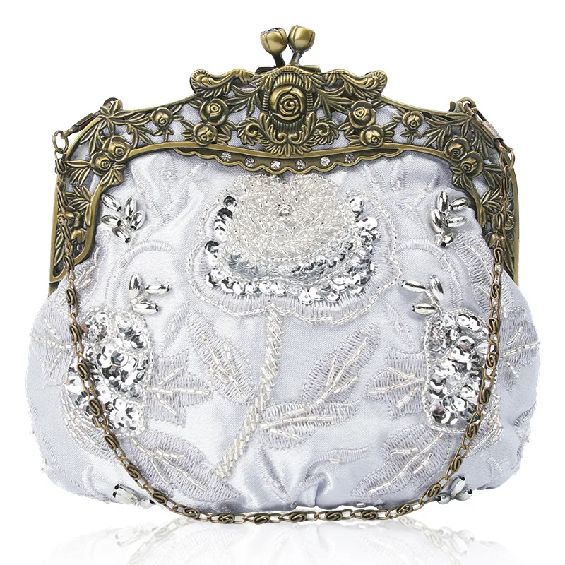 Silver Женские антикварные вечерние клатчи с бисером, Винтажная сумочка с розами, вечерняя сумочка - Цвет: Silver
