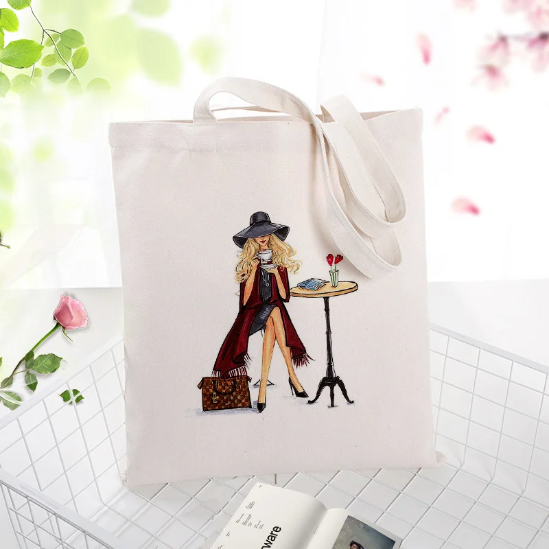

Daily Life Pattern Canvas Tote Bag Custom Print Logo Text DIY Eco Reusable Shopping Bag Recycle Daily Use Handbag