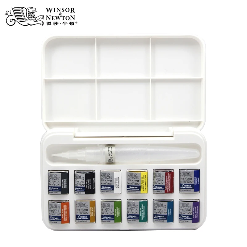Winsor & Newton cotman набор однотонных акварельных пигментов 12 полукювет и кисть Ручка