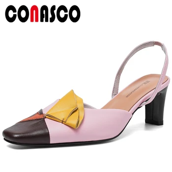 

CONASCO Summer Fashion Casual 2020 New Genuine Leather Women Sandals Pumps Mixed Colors Appliques High Heels Concise Shoes Woman