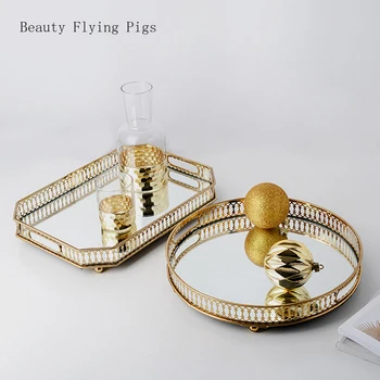 

2Pcs Direct sales new wrought iron golden glass mirror bottom tray home living room light luxury decorative fruit plate