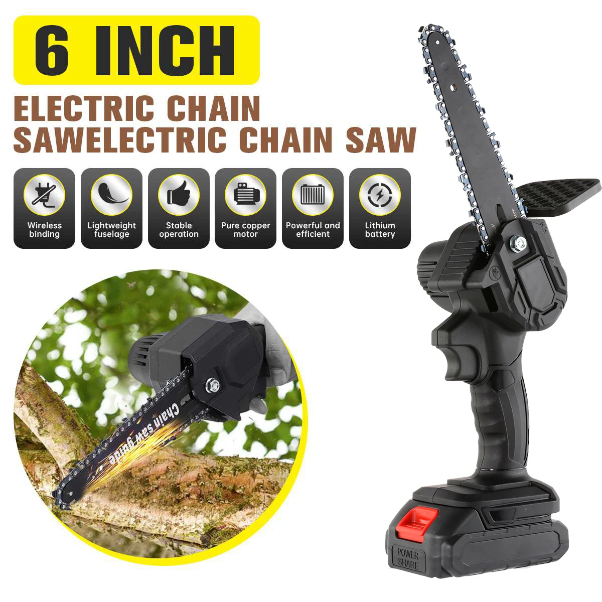 800W 6 inch Cordless Electric Chain Saw w/ 24V Battery&ampCharger Portable Rechargeable Woodworking Logging for Makita Battery |