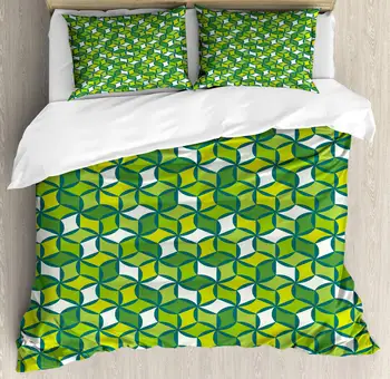 

Abstract Duvet Cover Set Modern Pattern of Geometric Shapes 3 Piece Bedding Set Yellow Green Fern Green Lime Green and Pale