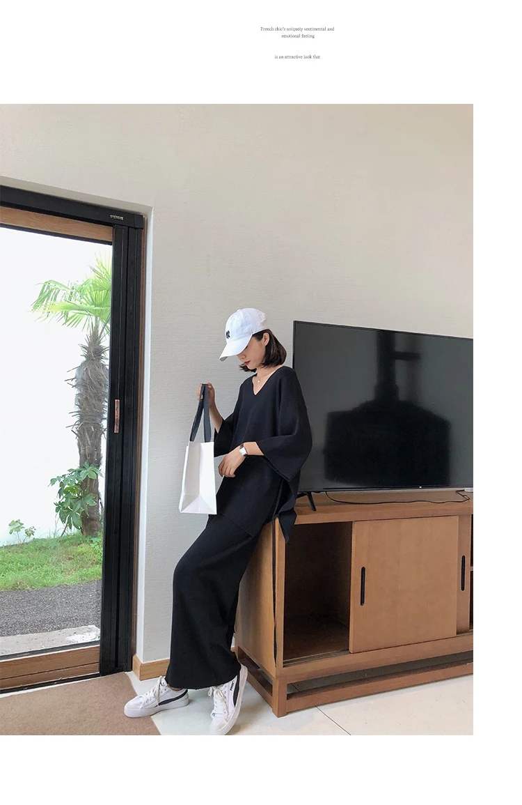 Aseven knitted suits female easing of autumn new fund split wide-legged pants twinset sweater big yards
