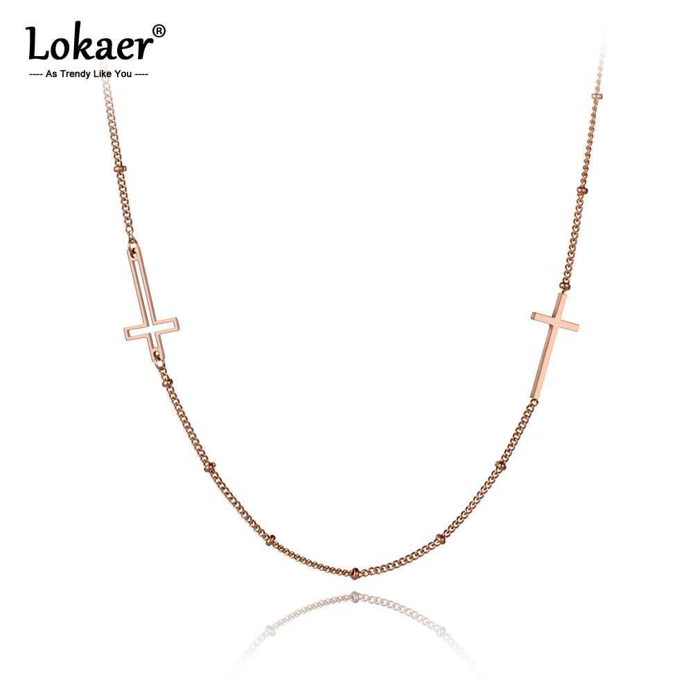 Lokaer Трендовое титановое ожерелье из нержавеющей стали с двойным крестом для женщин и девочек, цепочка из розового золота, соединительное звено подвеска, ожерелье N19173