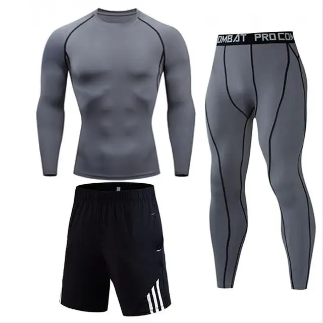 gray 3-piece suit Мужская сжатая рубашка с длинным рукавом штаны шорты Фитнес ММА одежда Тактический Рашгард джиу джитсу Кроссфит футболка беговые костюмы - Цвет: gray 3-piece suit