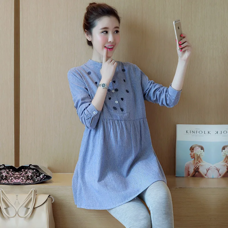 

2019 Maternity Clothes Summer Korean-style Short Dress Spring And Autumn Stripes Confinement Clothing Tops Long Sleeve Lining