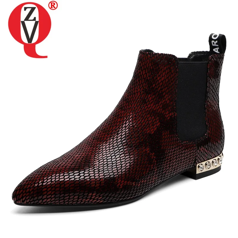 

ZVQ office flats women's shoes genuine leather floral print crystal ankle boots autumn winter pointed toe chelsea boots 34-41CN