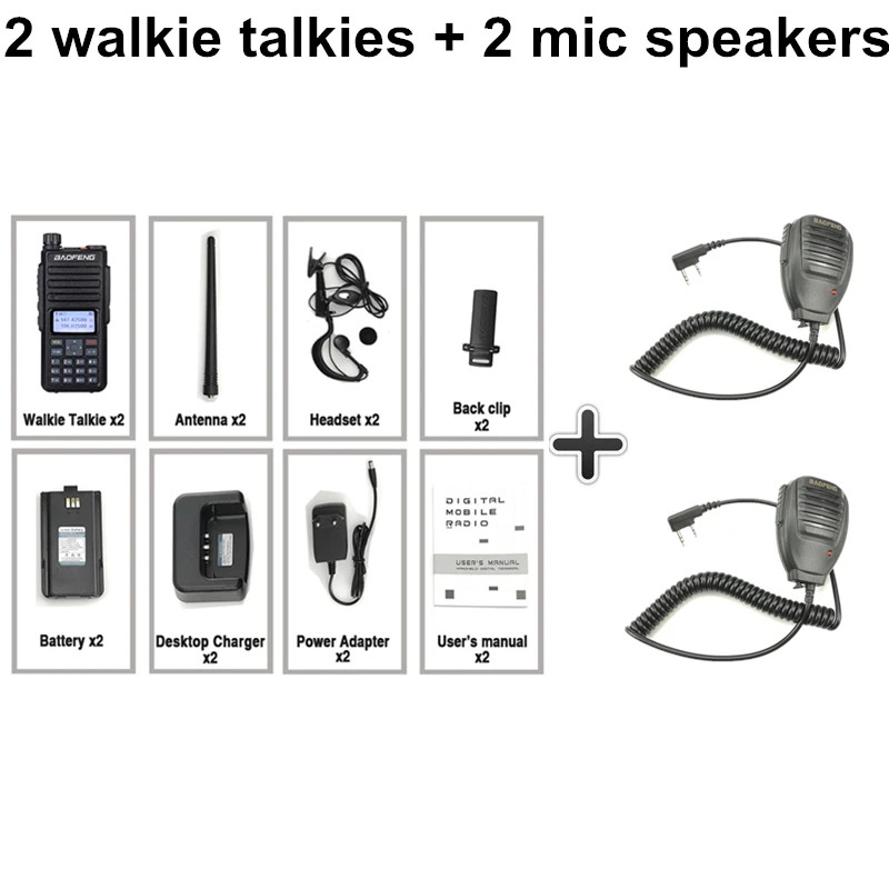 2 шт. Baofeng DM-1801 Ham Радио портативная рация 50 км Vhf Uhf Dual Time slot DMR радио цифровой аналоговый DM 1801 Taki Walki трансивер - Цвет: Add 2 mic speakers