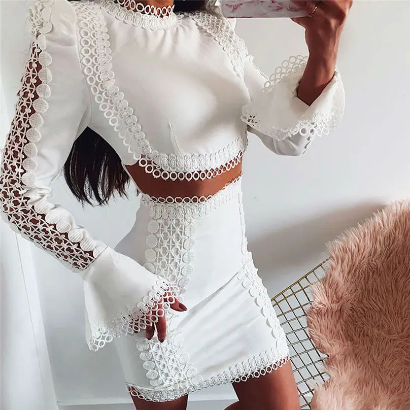 2 Piece Set Women Fashion Sexy Suits Lace Flare Sleeve Long Sleeve Casual Party Tops + Mini Skirt Set 3D17 (2)